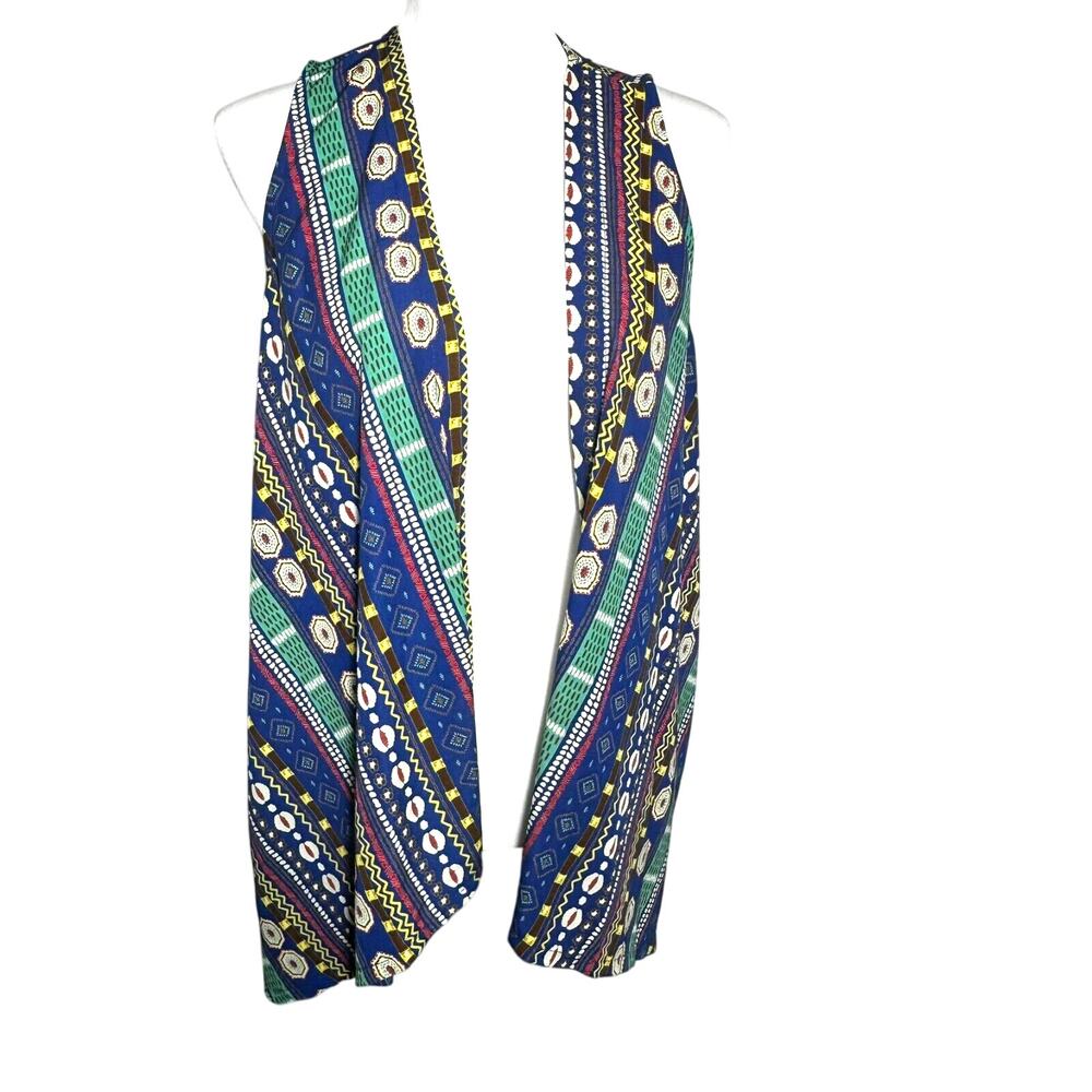 FRANCESCA'S Women's Medium Blue Boho Aztec Tribal Waterfall Hippie Vest Colorful